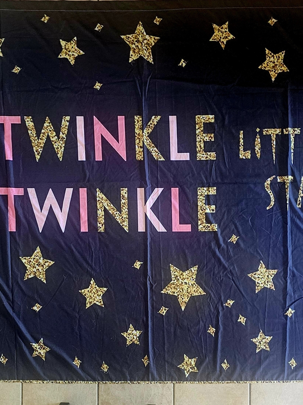 Twinkle Twinkle Star Print Navy Backdrop with Pink & Gold Letters 7x5